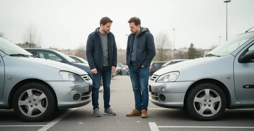 Deux conducteurs constatant les dégâts après un accrochage mineur sur un parking