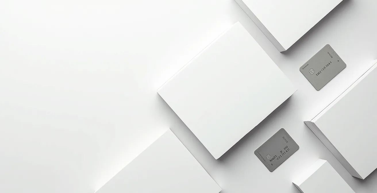 Vue aérienne minimaliste de cartes de crédit et documents d'assurance disposés géométriquement sur bureau épuré