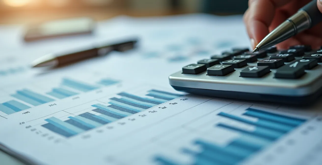 Vue macro de documents comptables avec calculatrice et graphiques financiers