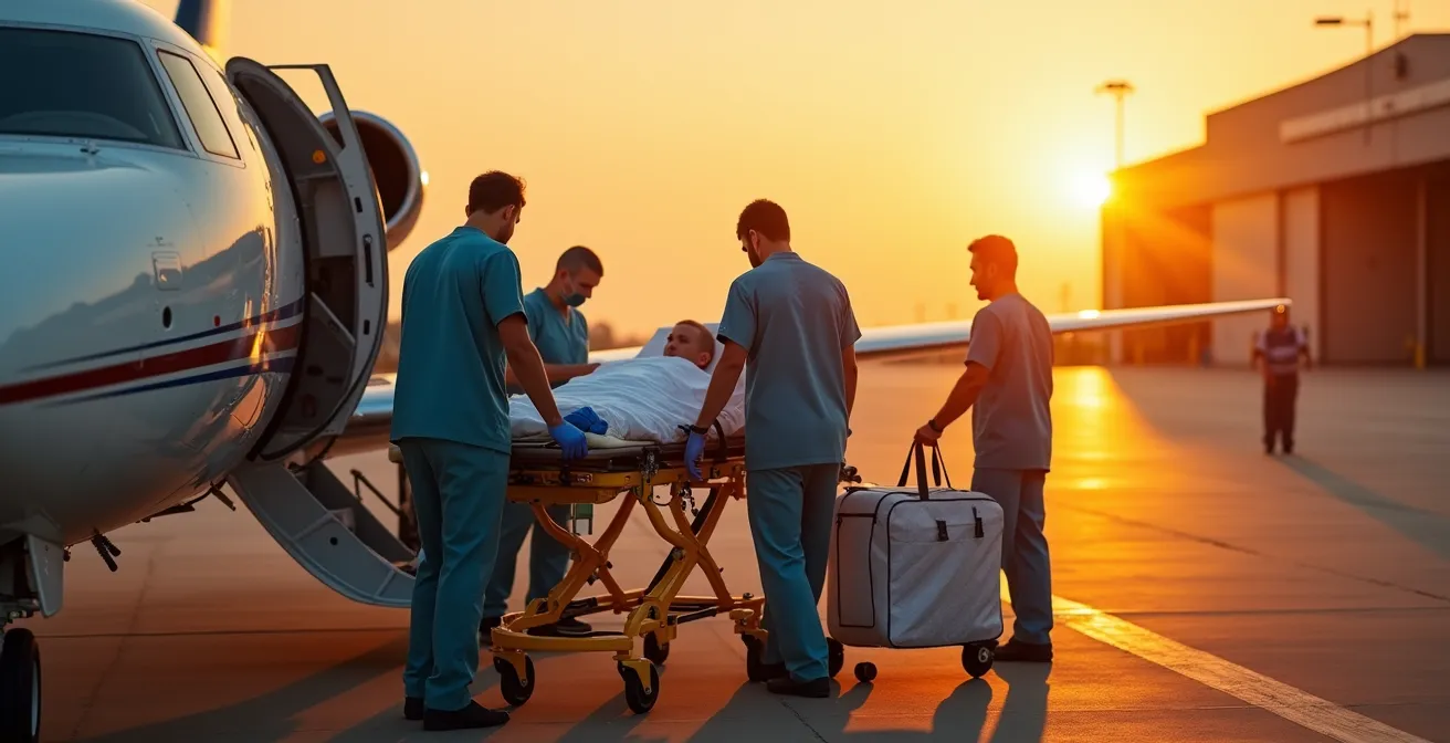 Avion médicalisé sur le tarmac avec équipe médicale préparant l'évacuation d'un patient