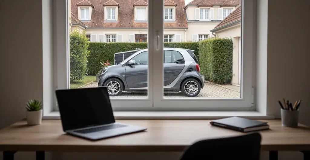 Bureau à domicile avec vue sur voiture garée inutilisée, télétravail assurance auto