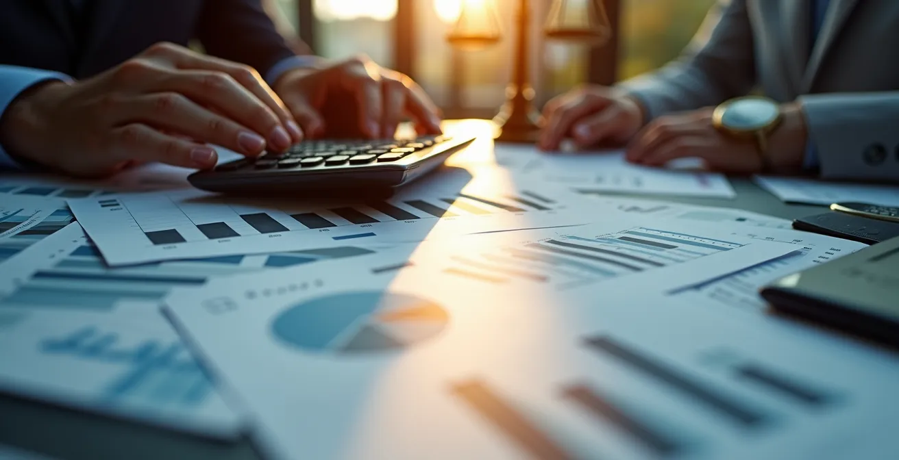 Expert financier analysant des documents de calcul d'indemnisation