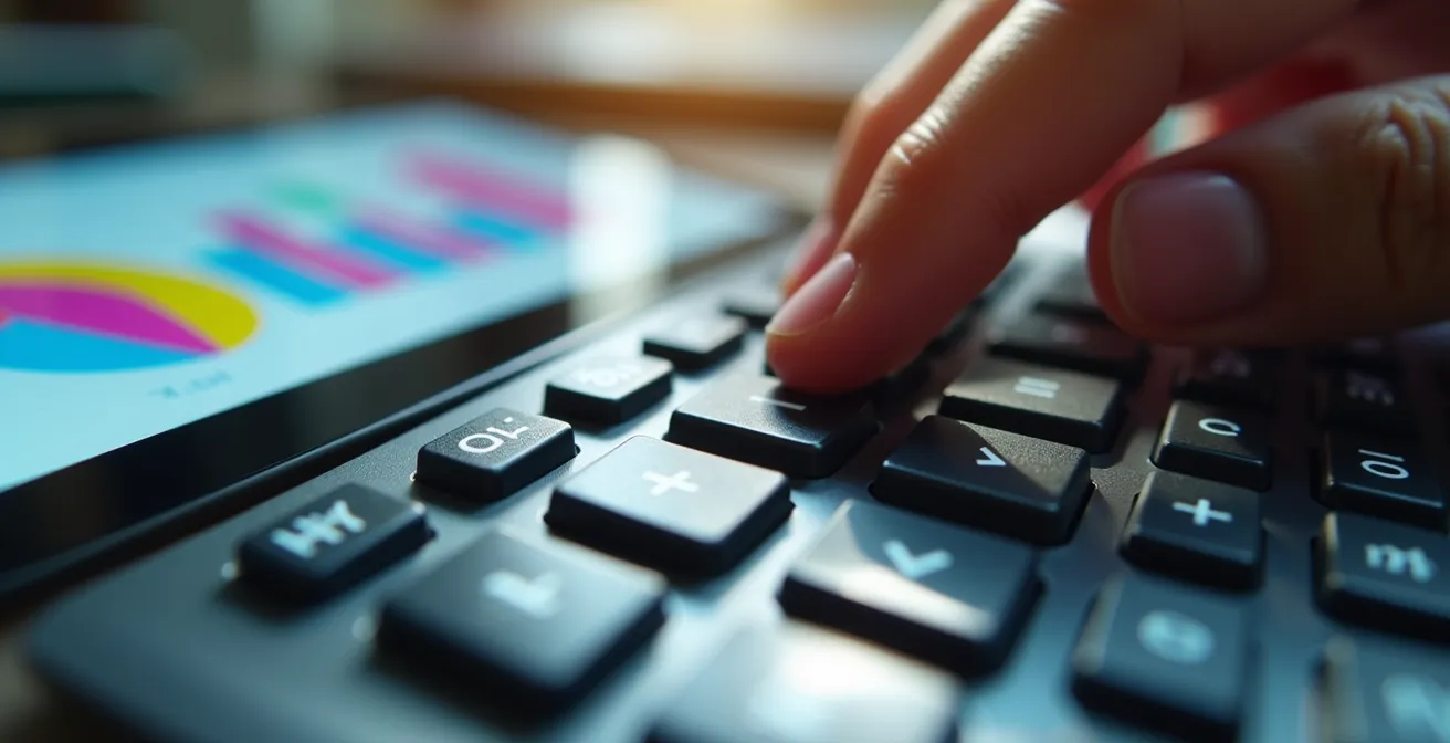Gros plan sur calculatrice professionnelle avec graphiques de rentabilité sur écran de tablette en arrière-plan