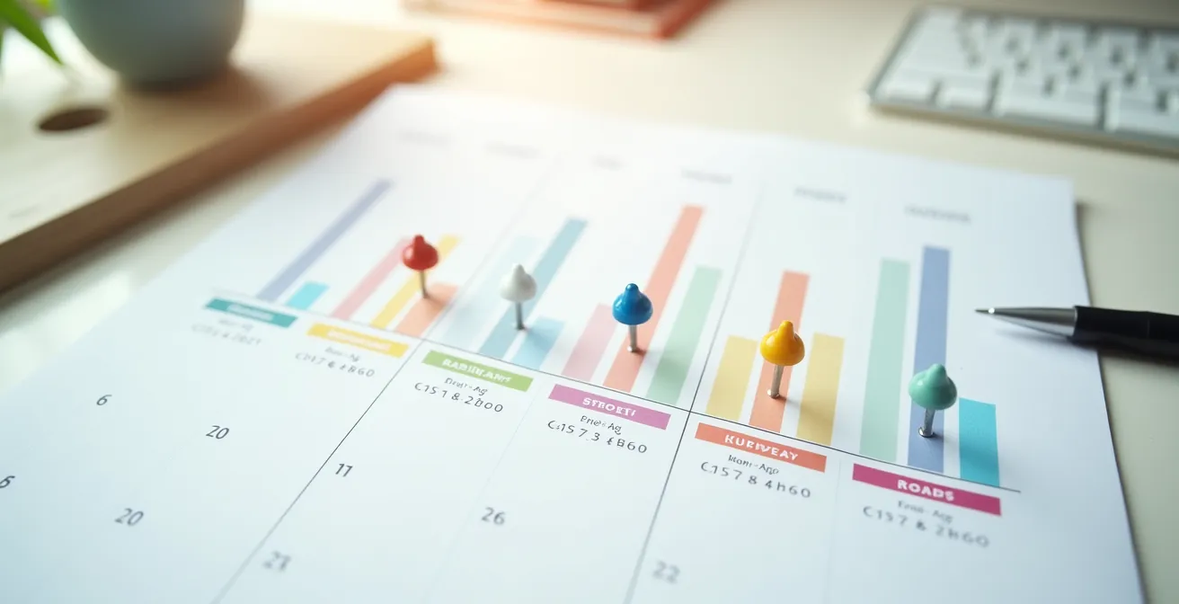 Calendrier personnel avec marqueurs colorés pour les différents types de soins prévisibles sur 3 ans