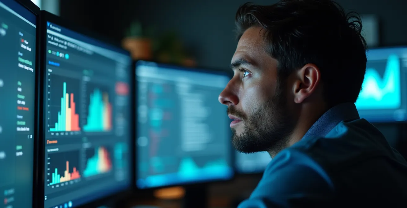 Analyste en cybersécurité surveillant des écrans de monitoring dans un centre d'opérations