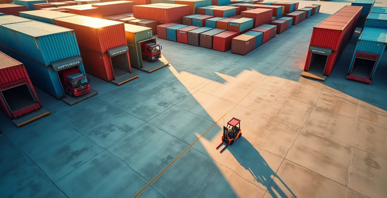 Vue aérienne d'une chaîne logistique avec camions, conteneurs et entrepôt