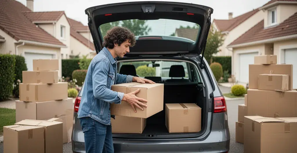 Personne chargeant des cartons dans un coffre de voiture lors d'un déménagement