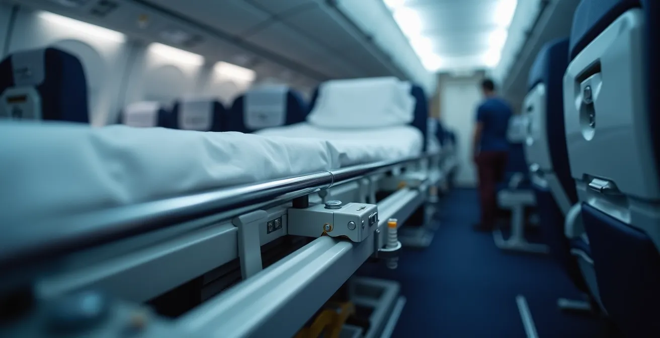 Installation d'une civière médicalisée dans la cabine d'un avion commercial avec équipement médical