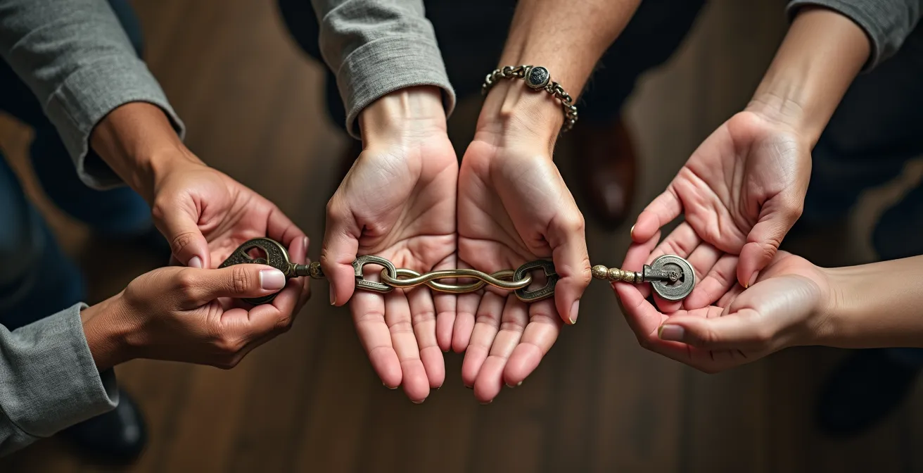 Mains entrelacées de trois générations symbolisant la transmission progressive