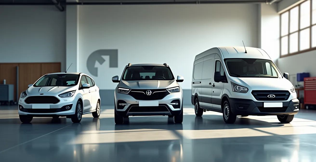 Vue latérale comparative de trois véhicules de catégories différentes dans un garage professionnel