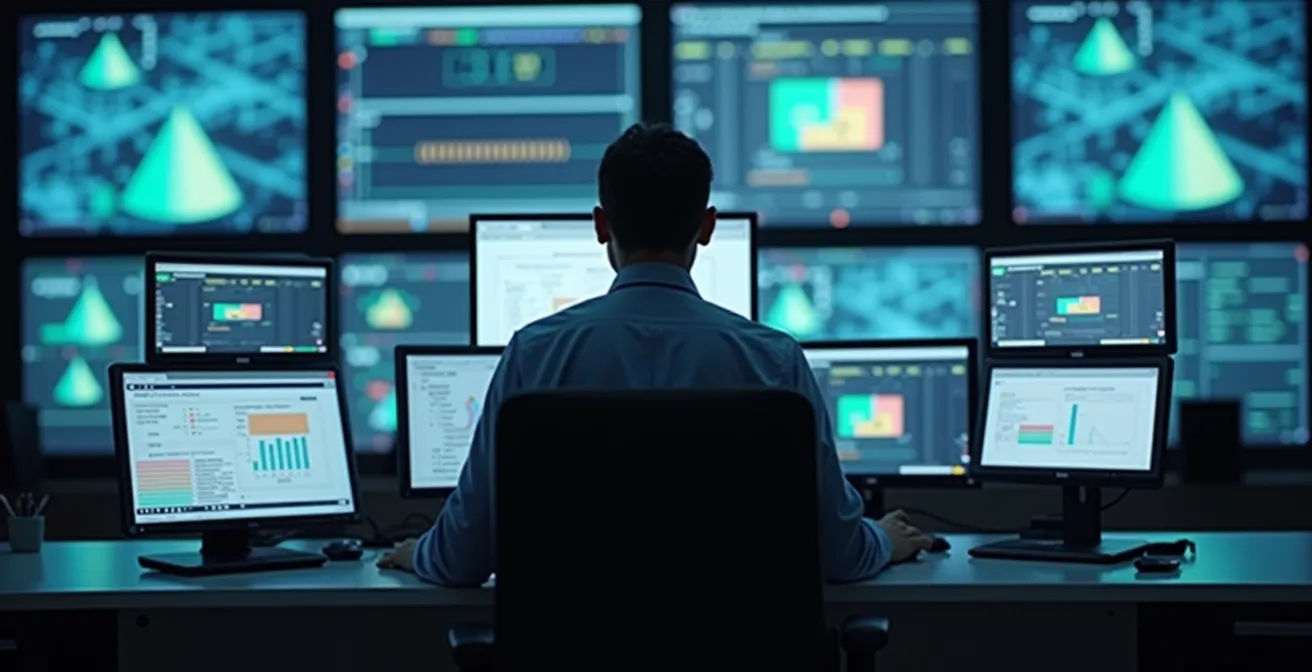 Centre de télésurveillance moderne avec mur d'écrans de monitoring et opérateur professionnel analysant des images