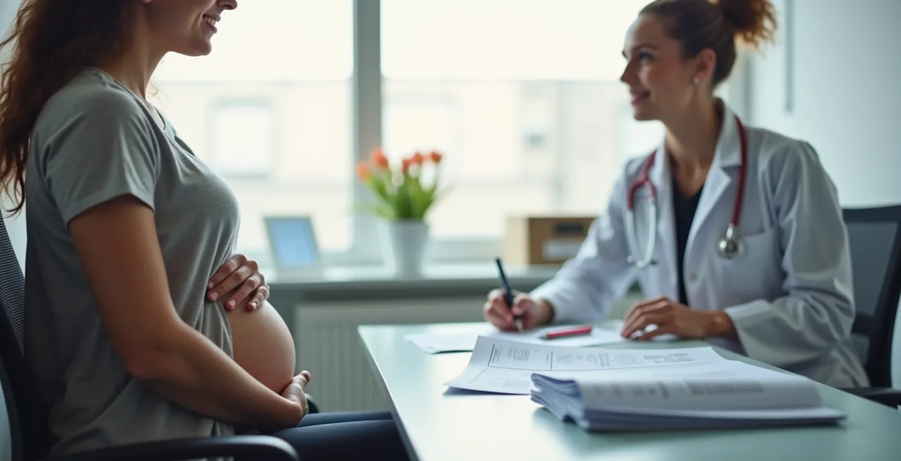 Femme enceinte consultant un médecin dans un cabinet médical lumineux
