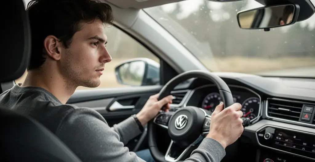 Conducteur concentré au volant d'un véhicule moderne