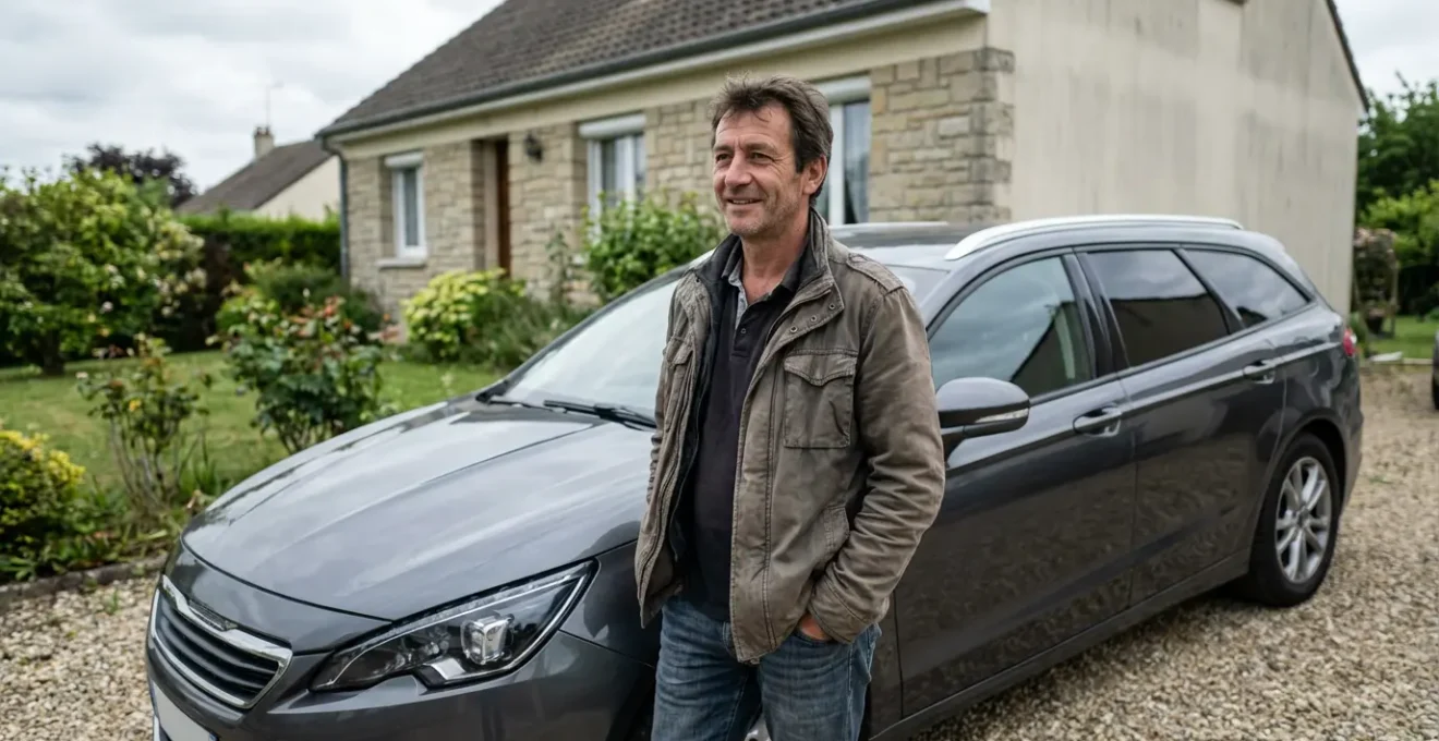 Conducteur inspectant son véhicule familial dans une allée résidentielle