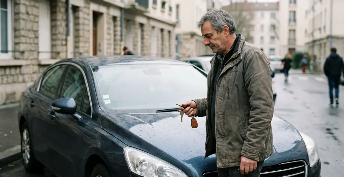 Conducteur français à côté de sa voiture garée dans une rue résidentielle