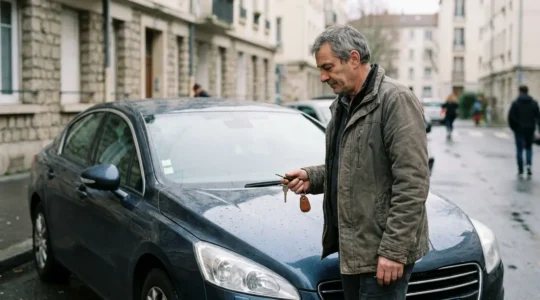 Conducteur français à côté de sa voiture garée dans une rue résidentielle