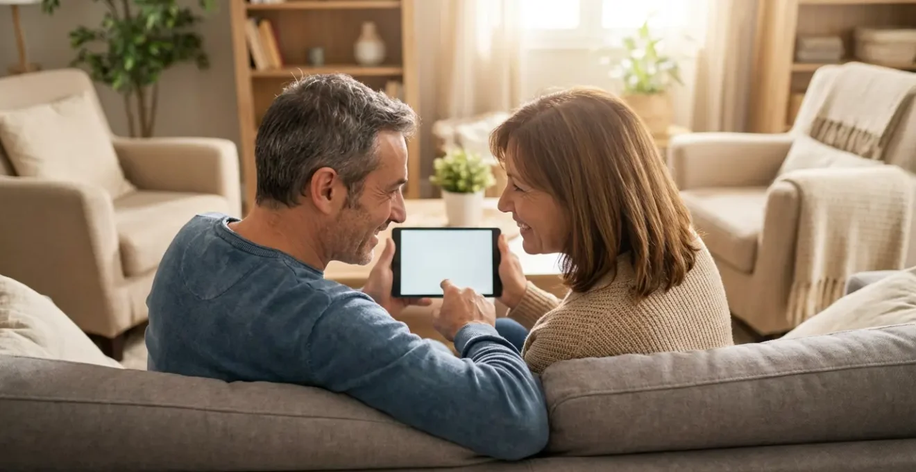 Couple comparant des offres d'assurance sur tablette dans leur salon