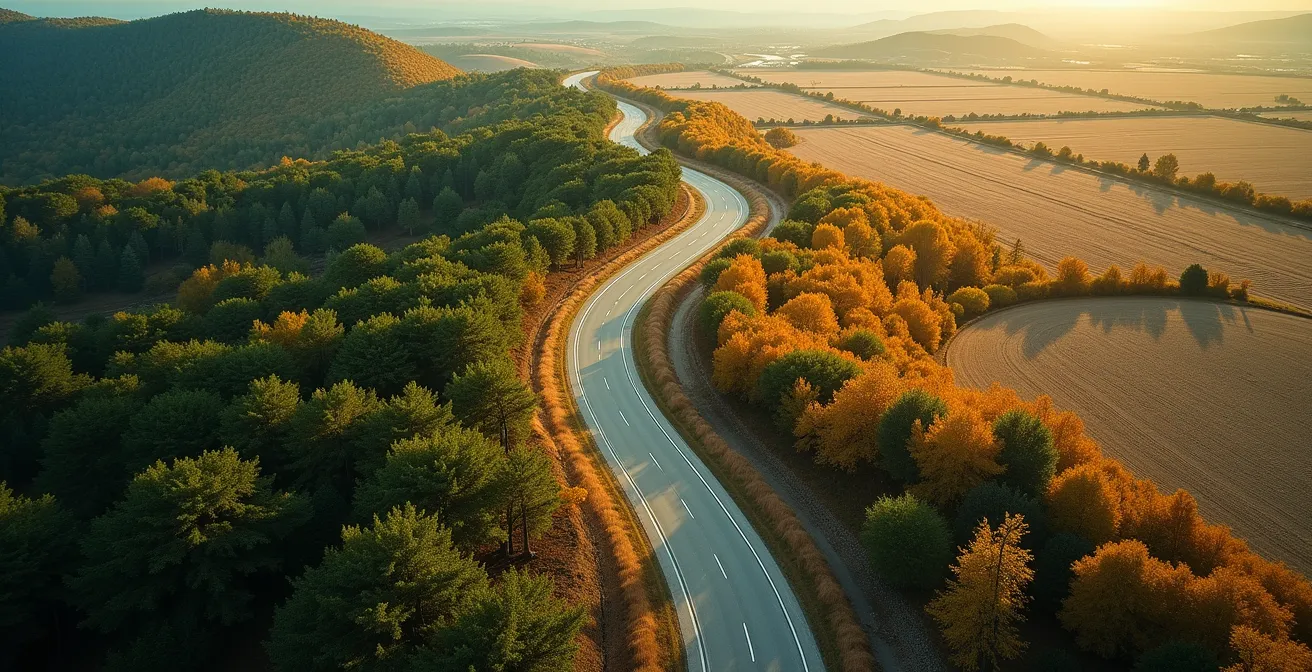 Vue aérienne minimaliste d'une route sinueuse traversant différents paysages représentant les étapes de vie d'un véhicule