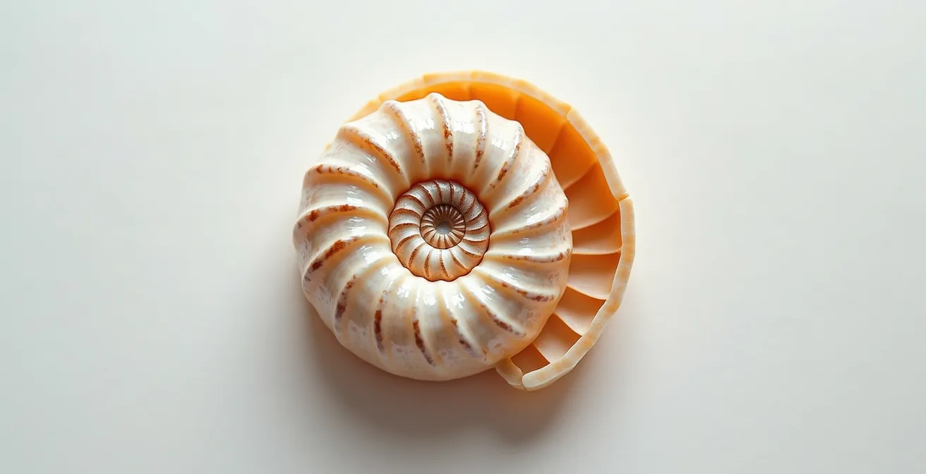 Représentation macro d'une spirale de croissance naturelle symbolisant l'évolution patrimoniale