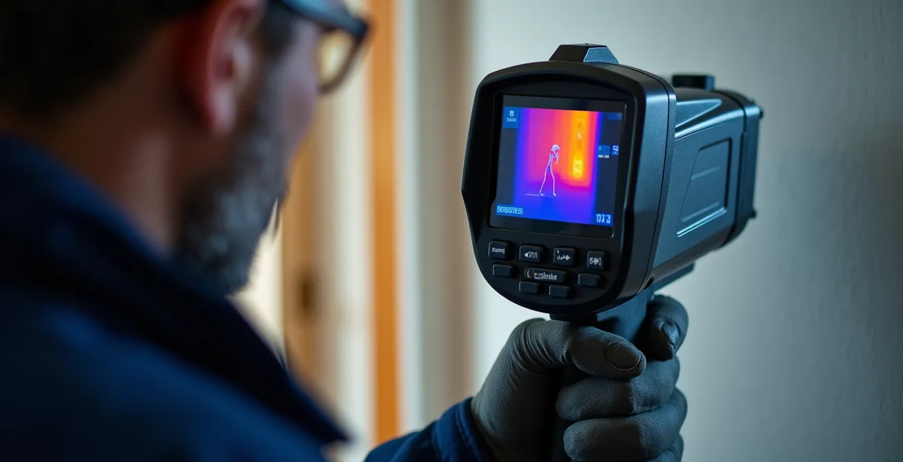 Technicien utilisant une caméra thermique pour détecter l'humidité cachée derrière un mur repeint