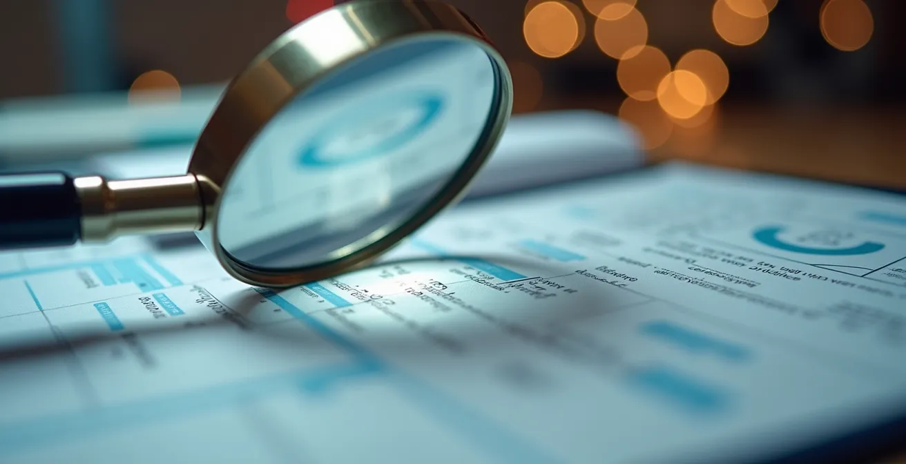 Vue macro sur document médical avec loupe grossissante montrant des détails flous