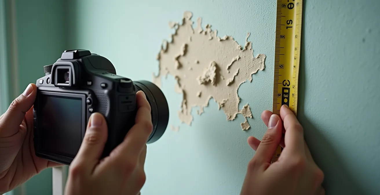 Propriétaire documentant méticuleusement l'état d'un mur avant travaux de recherche de fuite