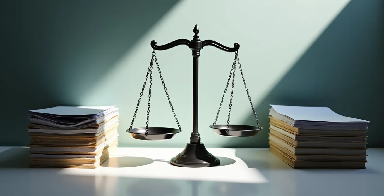 Vue large d'un espace de travail épuré avec lumière naturelle et documents organisés