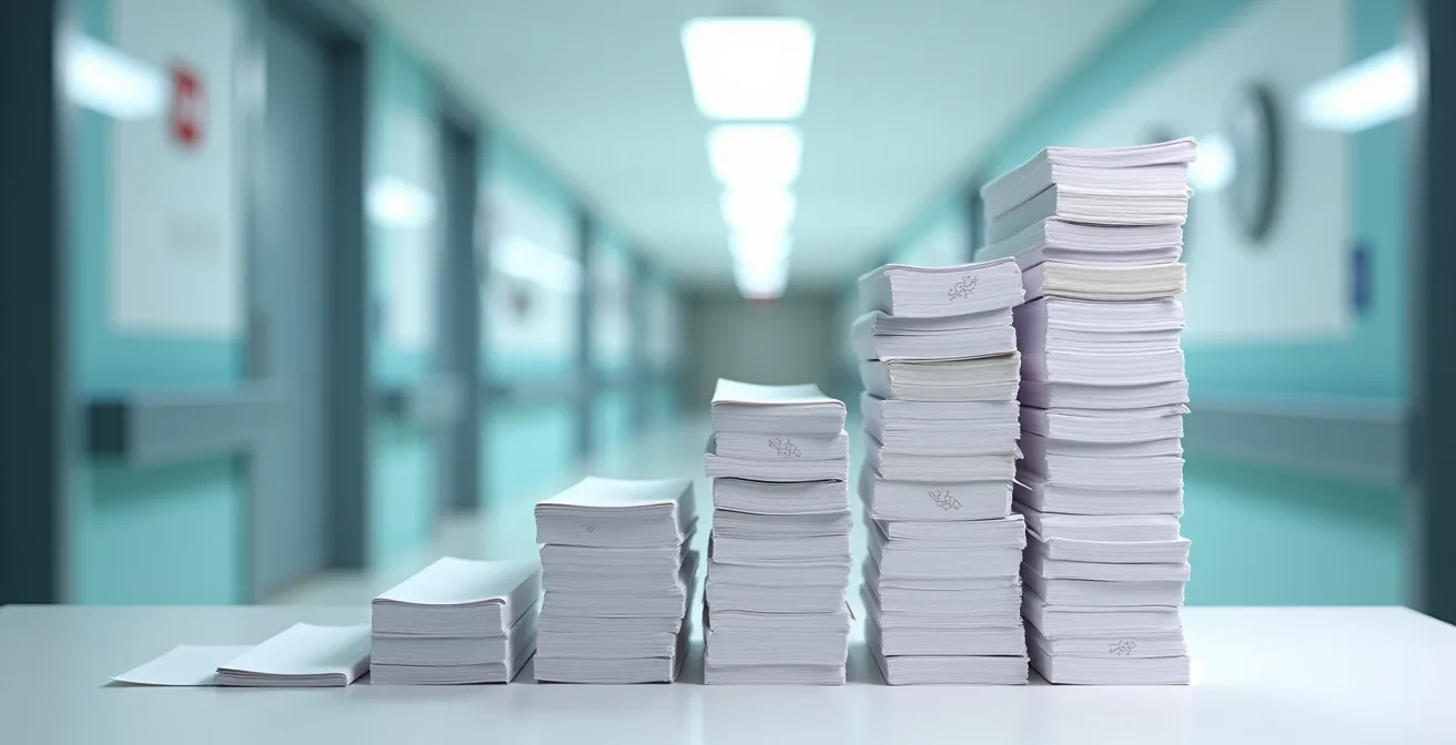 Comparaison visuelle des coûts médicaux escaladant en pile de documents