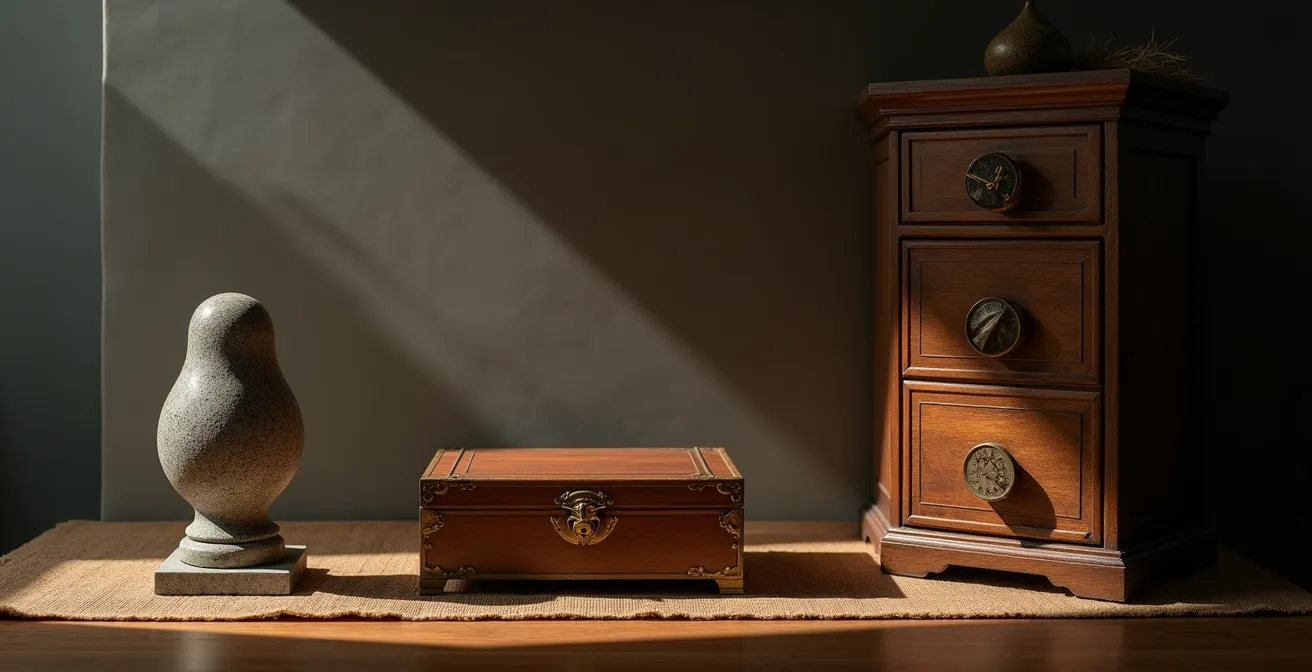 Composition minimaliste d'objets de valeur disposés sur une surface neutre