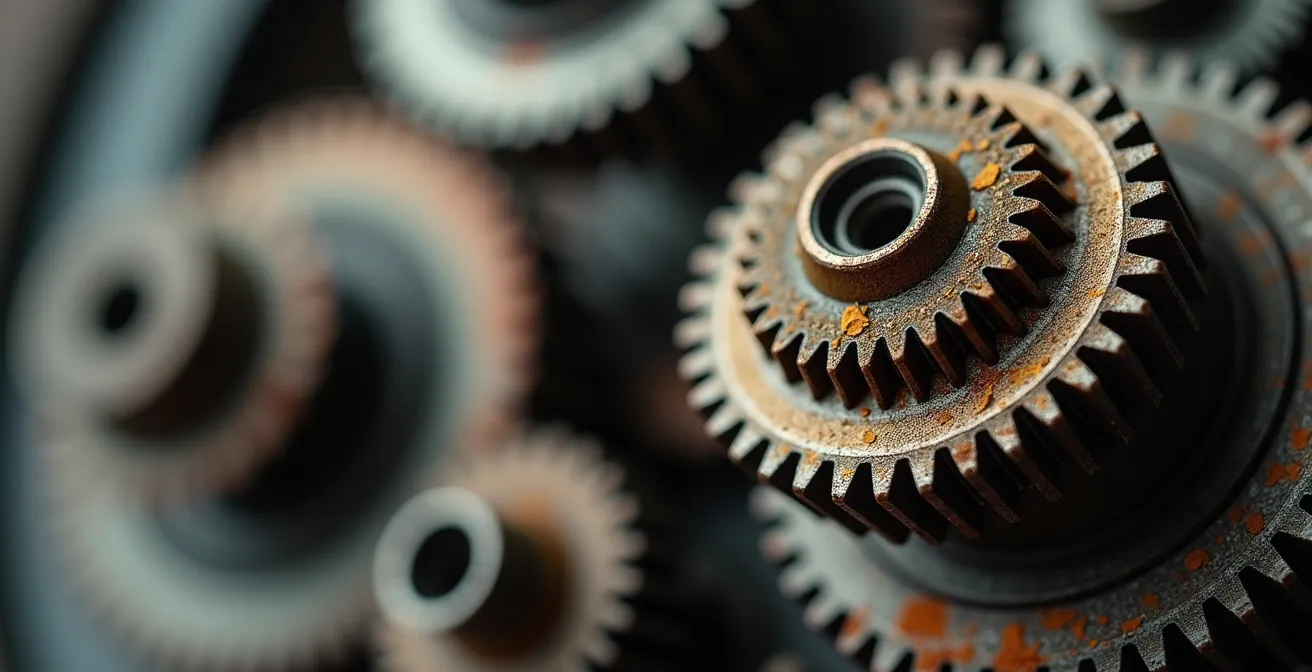 Graphique macro de pièces mécaniques représentant la dépréciation progressive de la valeur d'un véhicule avec le temps.