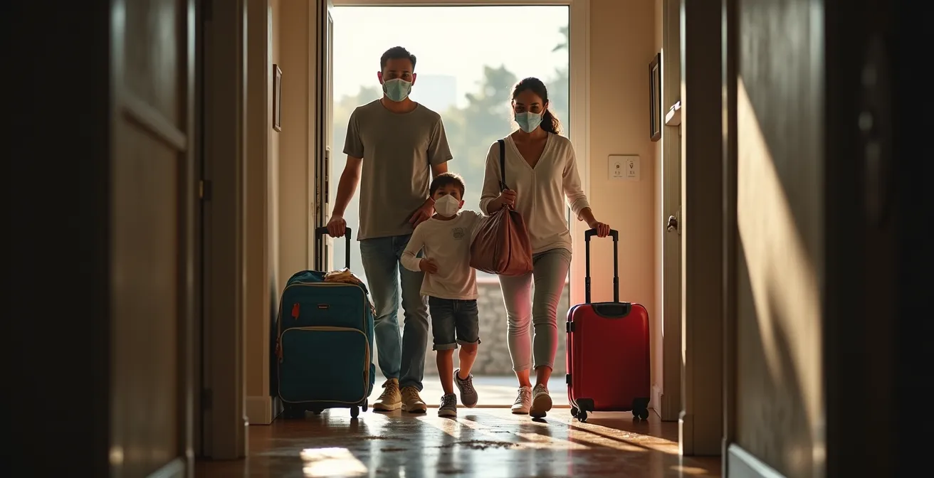 Famille avec enfants quittant un logement insalubre portant des masques de protection, valises à la main