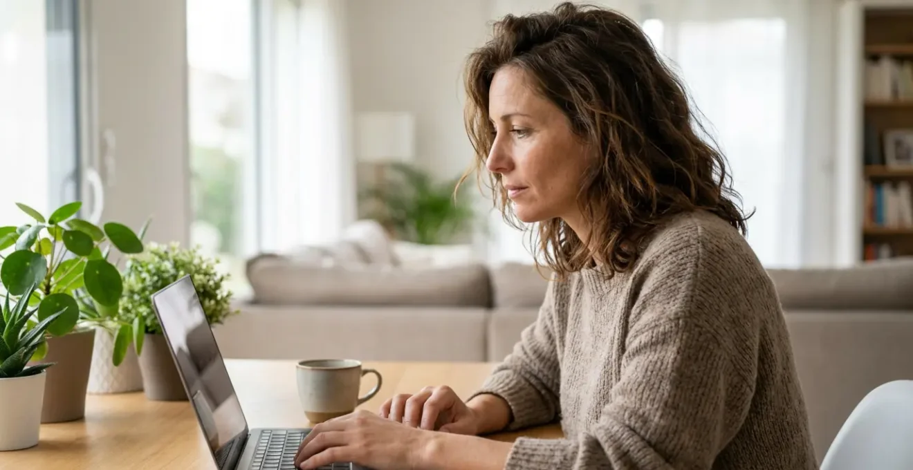 Femme comparant des offres d'assurance auto sur ordinateur portable dans son salon