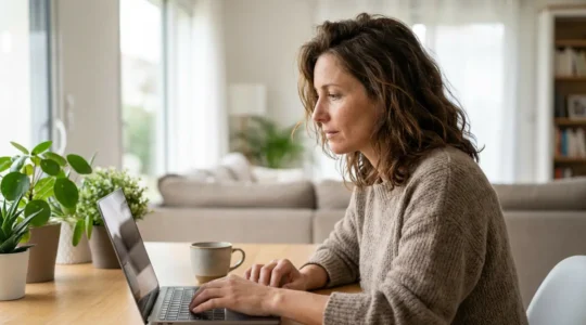 Femme comparant des offres d'assurance auto sur ordinateur portable dans son salon