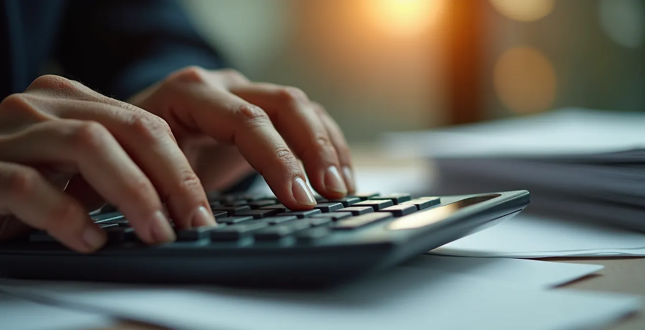 Gros plan sur des mains tenant une calculatrice avec des documents flous en arrière-plan
