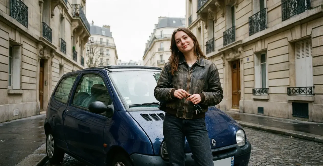 Jeune conductrice française debout à côté de sa citadine dans une rue résidentielle