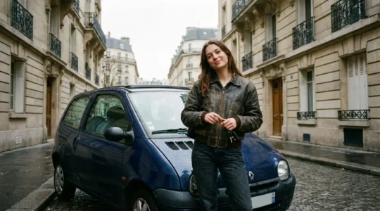 Jeune conductrice française debout à côté de sa citadine dans une rue résidentielle