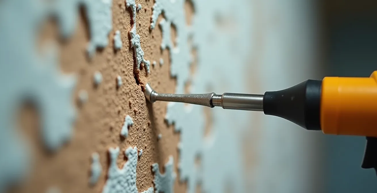 Mesure professionnelle de l'humidité d'un mur avec un humidimètre avant travaux de peinture