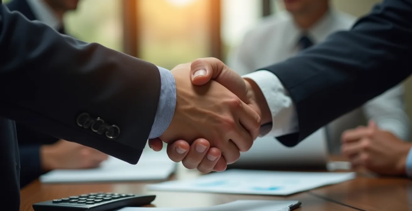 Poignée de main professionnelle entre un avocat et son client, symbolisant un accord sur les honoraires.