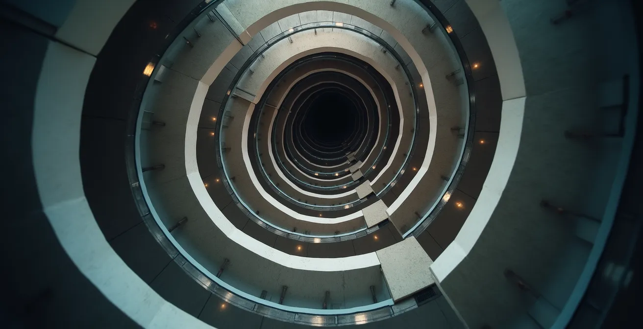 Escalier architectural moderne avec paliers représentant différents niveaux de couverture