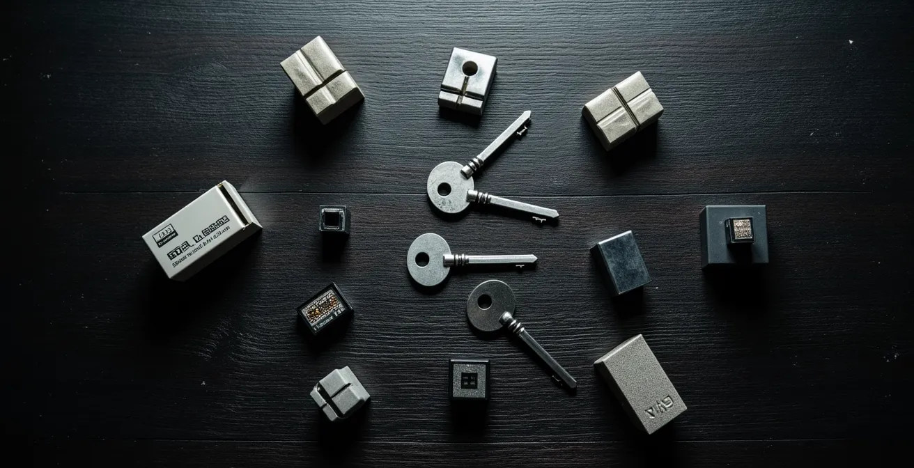 Ensemble d'éléments de preuve disposés sur une table pour documenter un vol électronique de véhicule