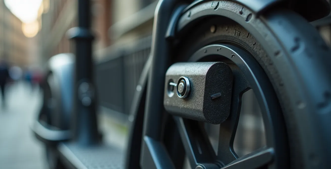 Gros plan sur un système d'antivol certifié attachant une trottinette électrique à un point fixe urbain