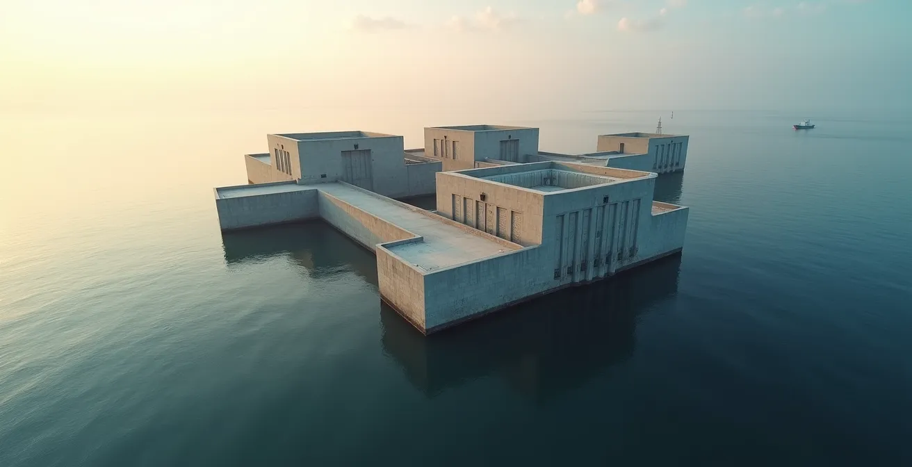 Vue aérienne minimaliste de structures architecturales symbolisant la protection patrimoniale