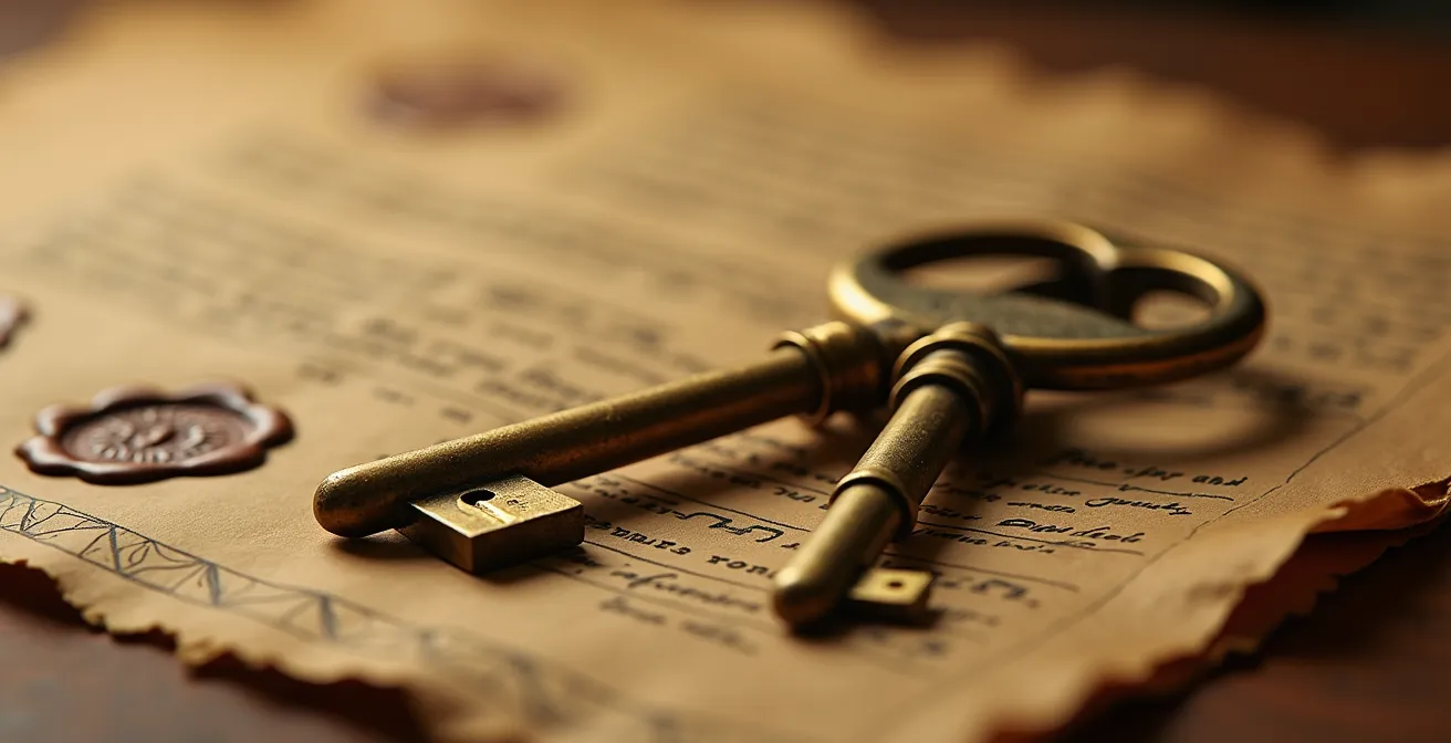 Vue macro de documents notariés et clés symbolisant les stratégies immobilières de protection patrimoniale