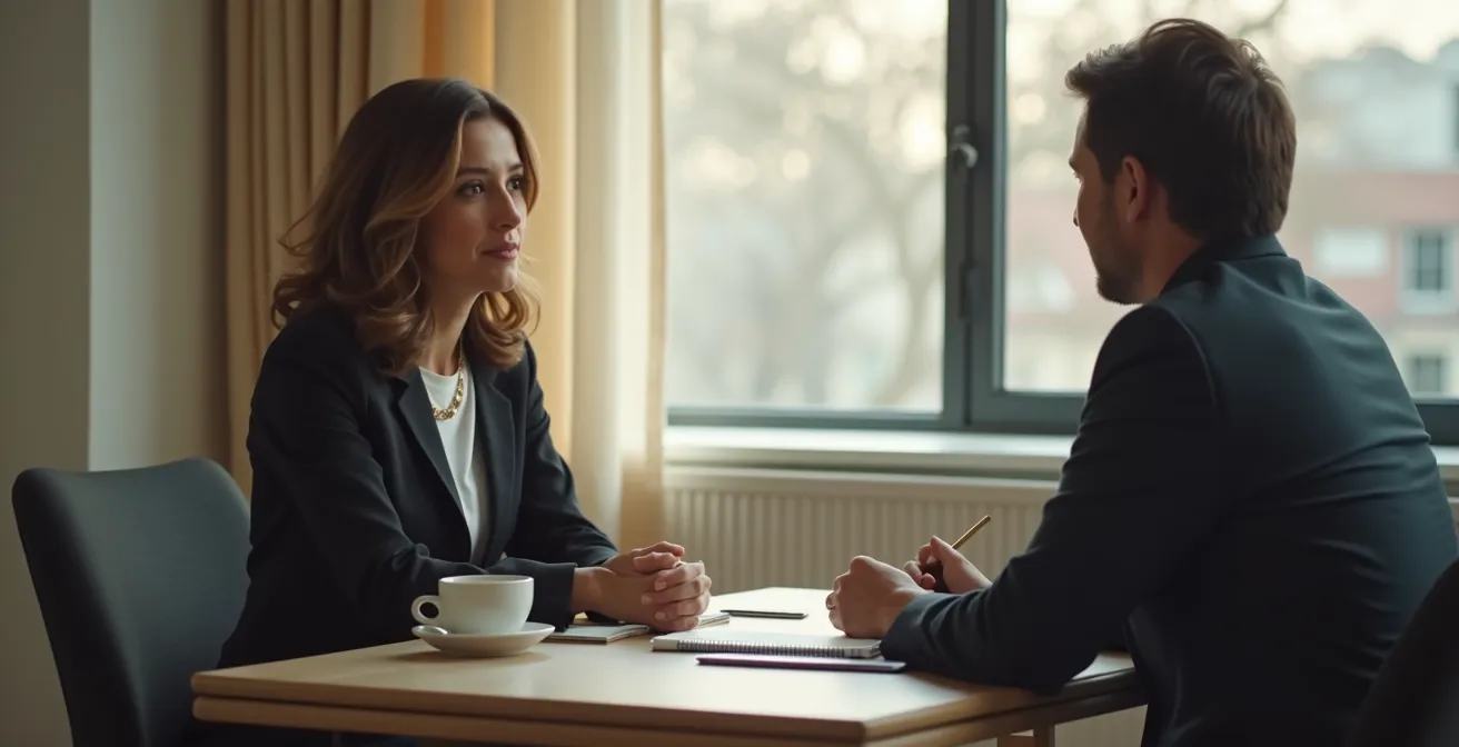 Espace confidentiel de médiation avec mobilier neutre et atmosphère apaisante