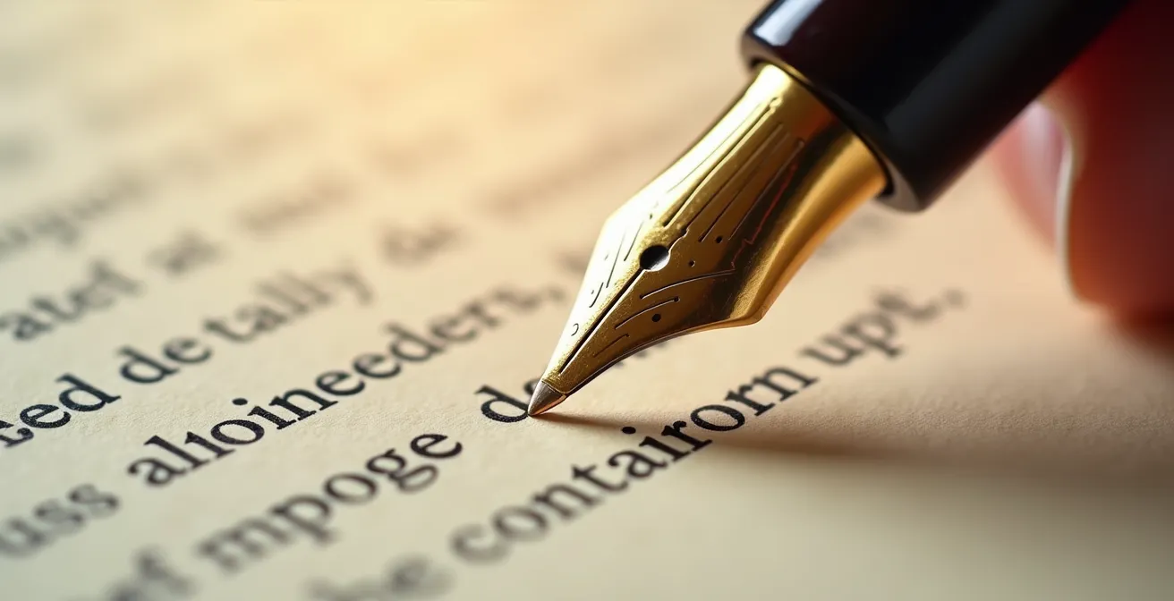 Gros plan sur un stylo plume posant sa pointe sur une page de contrat avec mise au point sélective