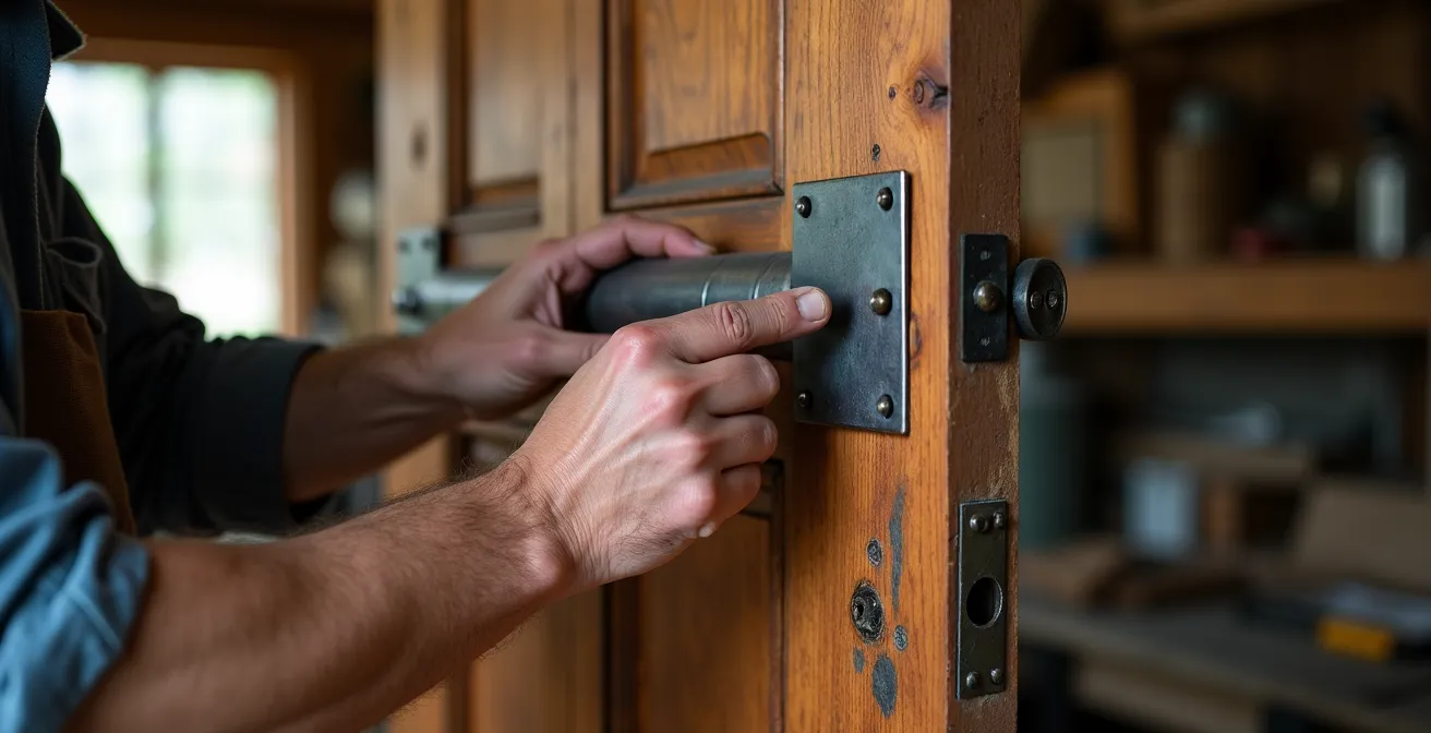 Installation de cornières anti-pinces sur une porte ancienne en bois