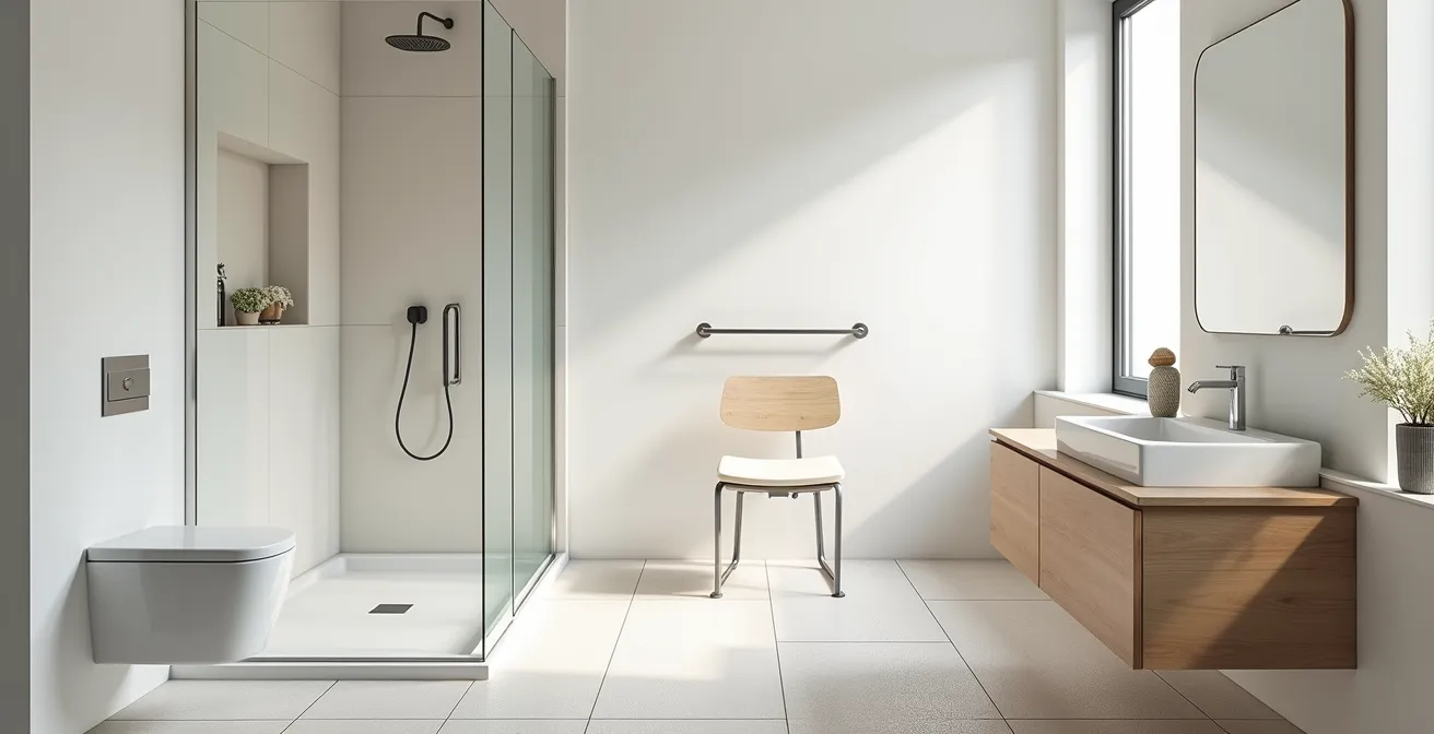 Salle de bain moderne adaptée aux seniors avec douche à l'italienne et barres d'appui
