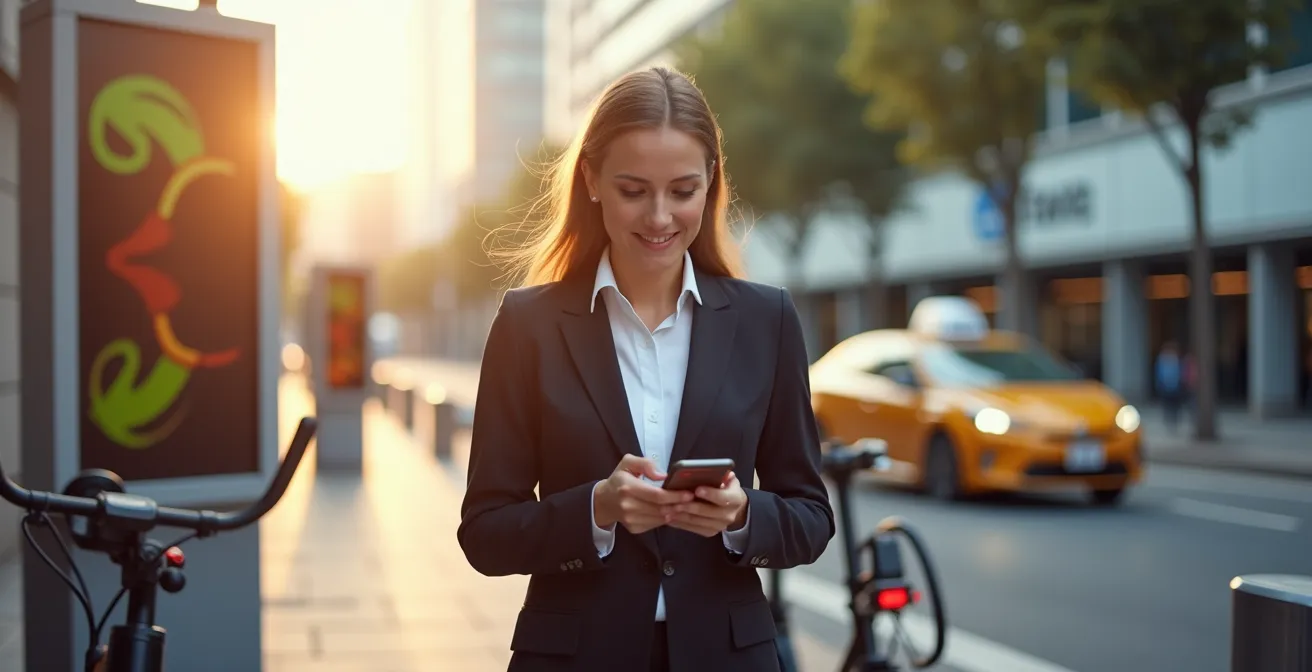 Composition minimaliste montrant différents moyens de transport alternatifs disposés en cercle