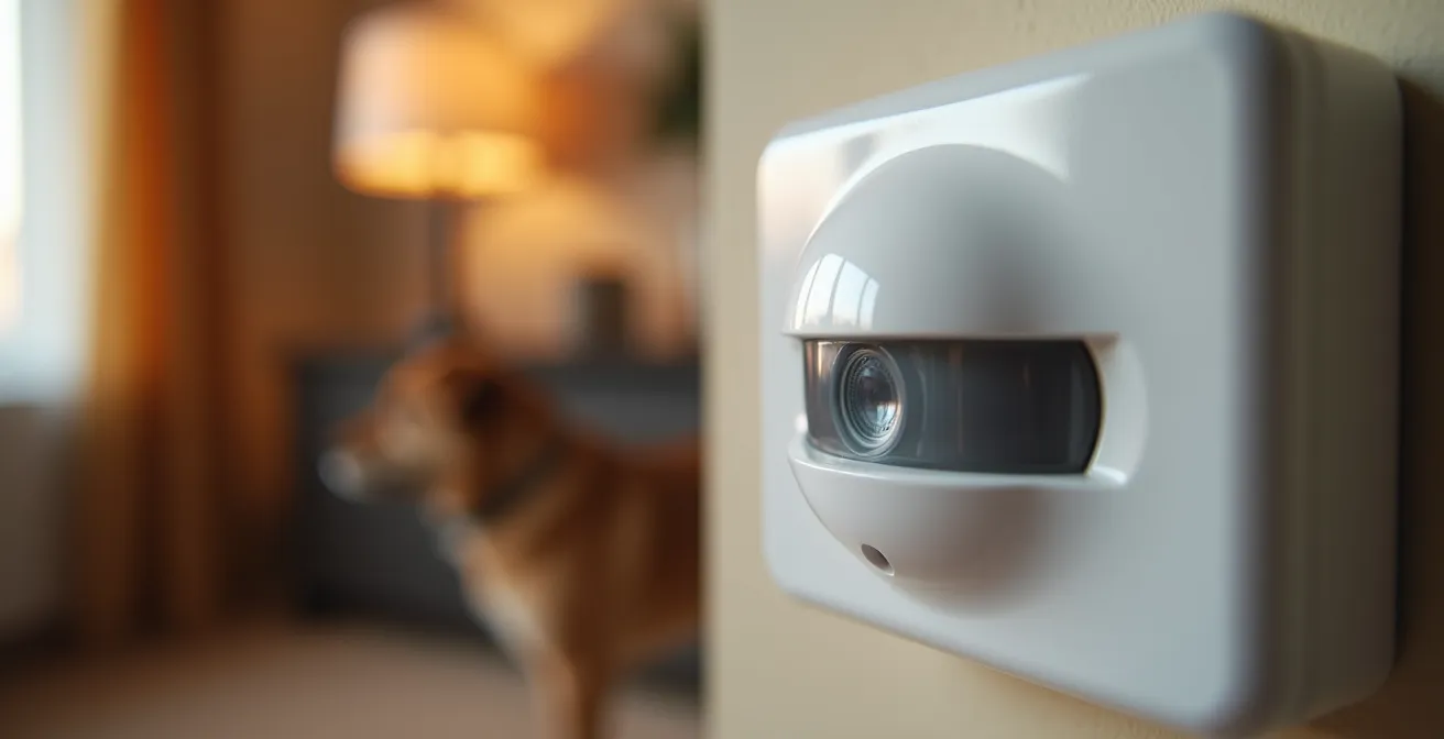 Gros plan sur un détecteur de mouvement moderne fixé en angle avec un chat flou en arrière-plan