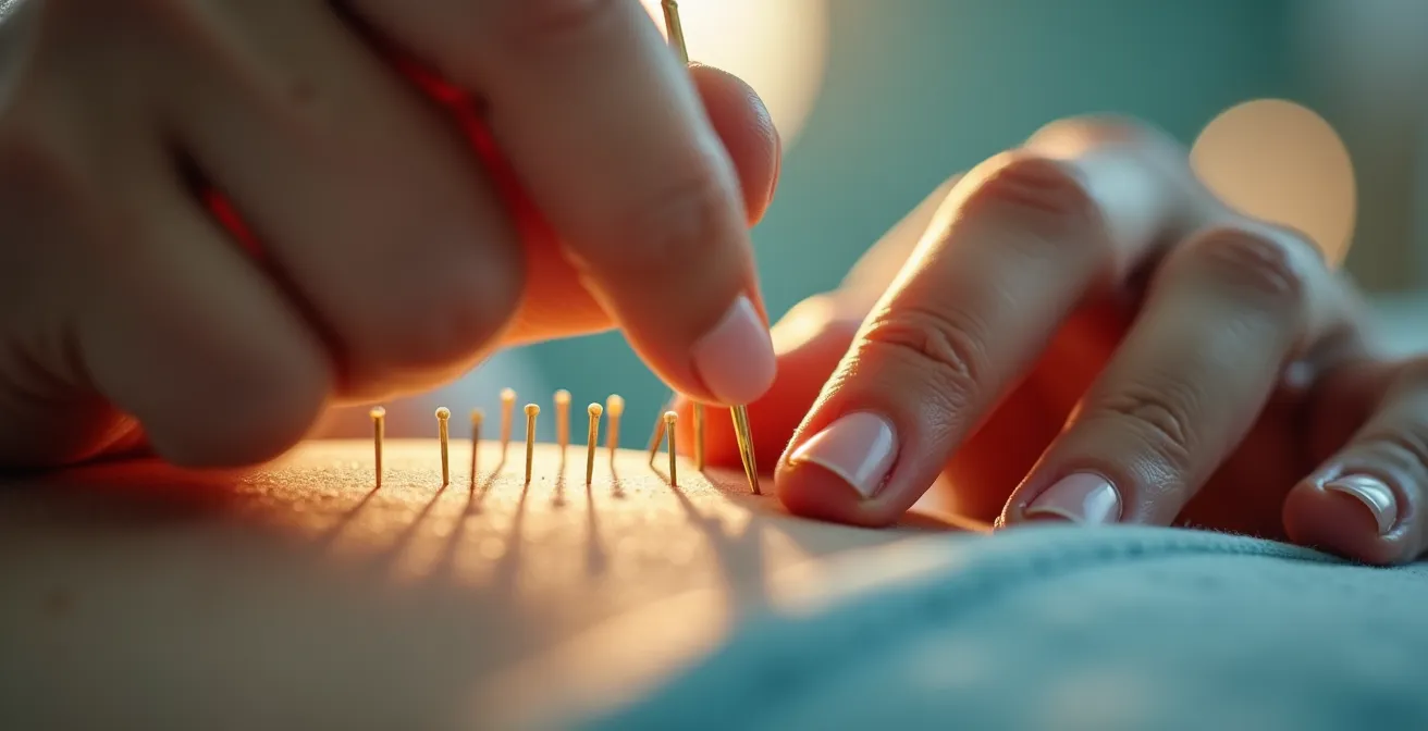 Mains de praticien manipulant des points d'acupuncture avec aiguilles dorées en macro